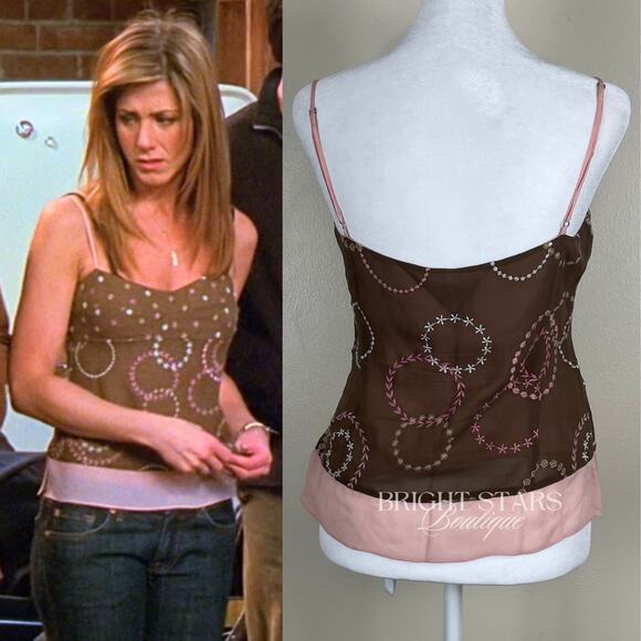 Rare Silk Top Brown Pink Embroidered ASO Friends Rachel Green Y2K Vintage - Picture 2 of 10